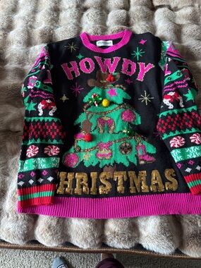 No Boundaries Black, Green & Pink HOWDY Christmas Embellished Sweater